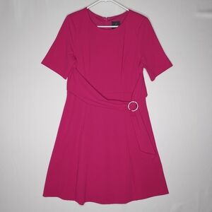 Adrianna Papell Dress Pink Diamond Jewel Belted Short Sleeve Midi Stretch Zip